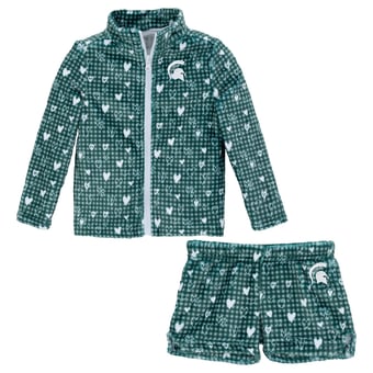 Girls Toddler ZooZatz Green Michigan State Spartans Heart Plaid Plush Full-Zip Jacket & Shorts Set