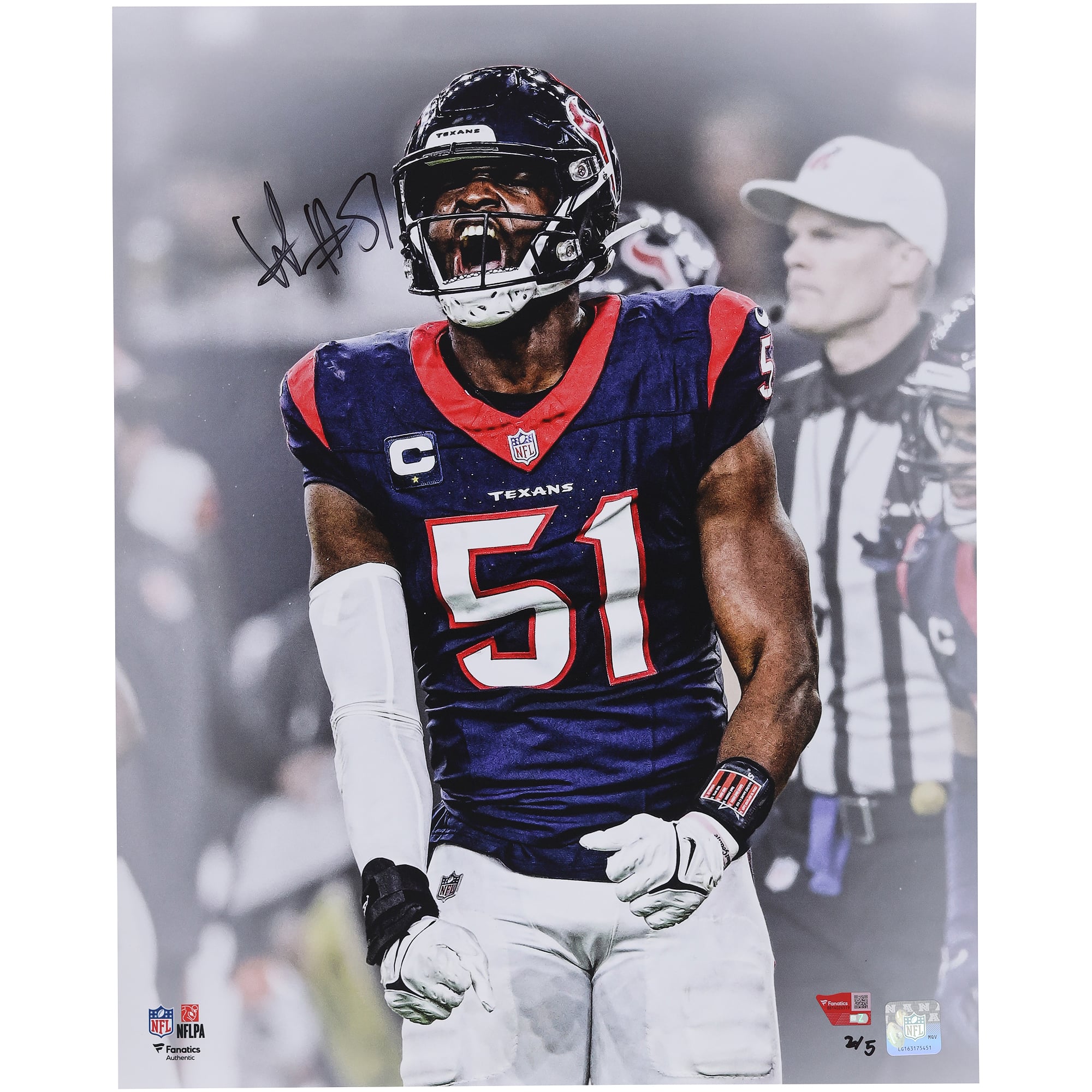 Fotografia autografata di Will Anderson Jr. degli Houston Texans, formato 16" x 20" (40 x 50 cm), con firma nera - Edizione limitata di 5 esemplari.
