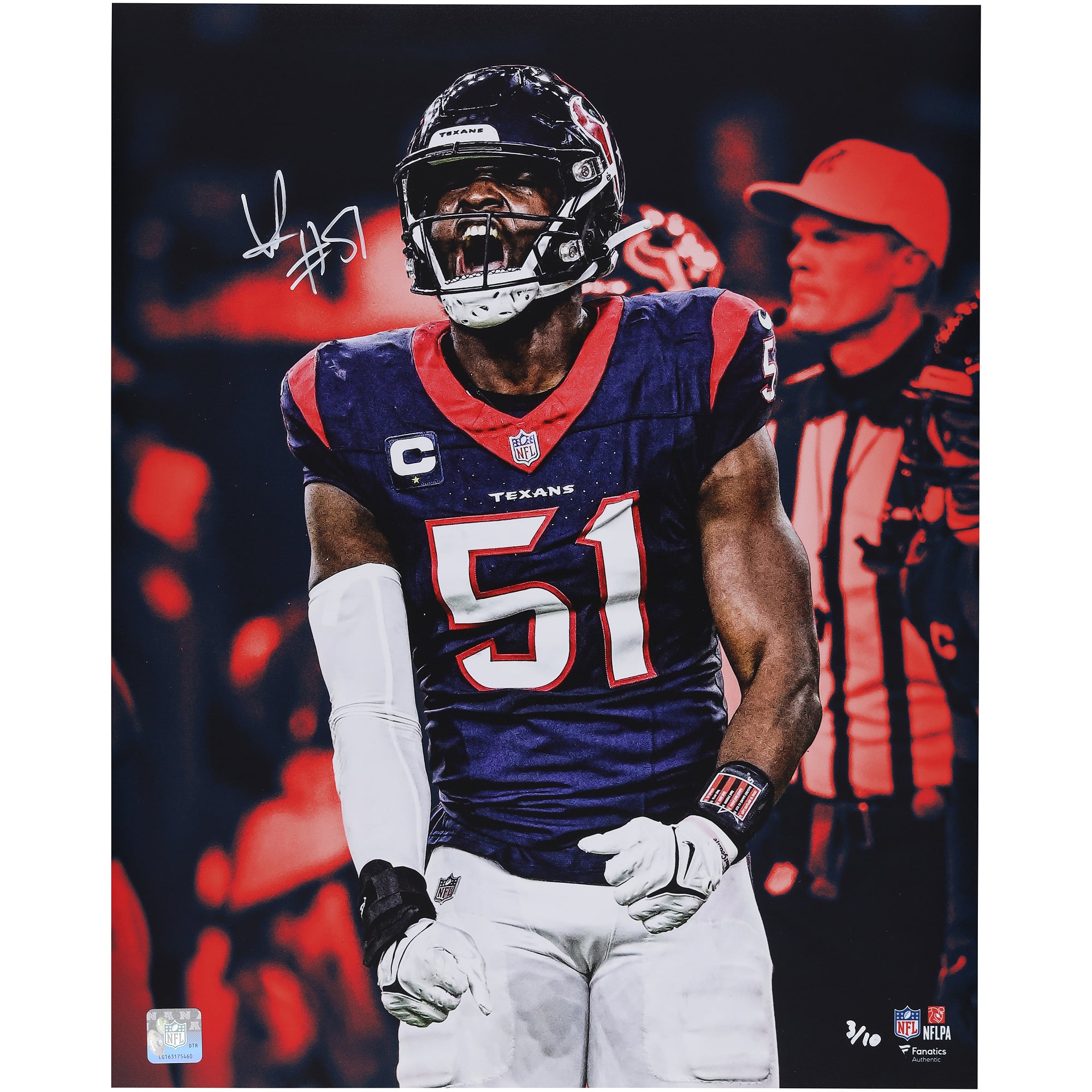 Fotografia autografata di Will Anderson Jr. degli Houston Texans, formato 16" x 20", con firma bianca - Edizione limitata a 10 esemplari.