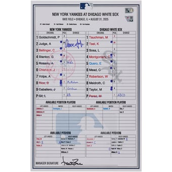 Aaron Judge New York Yankees Autographed Game-Used Lineup Card vs. Chicago White Sox on August 31, 2025