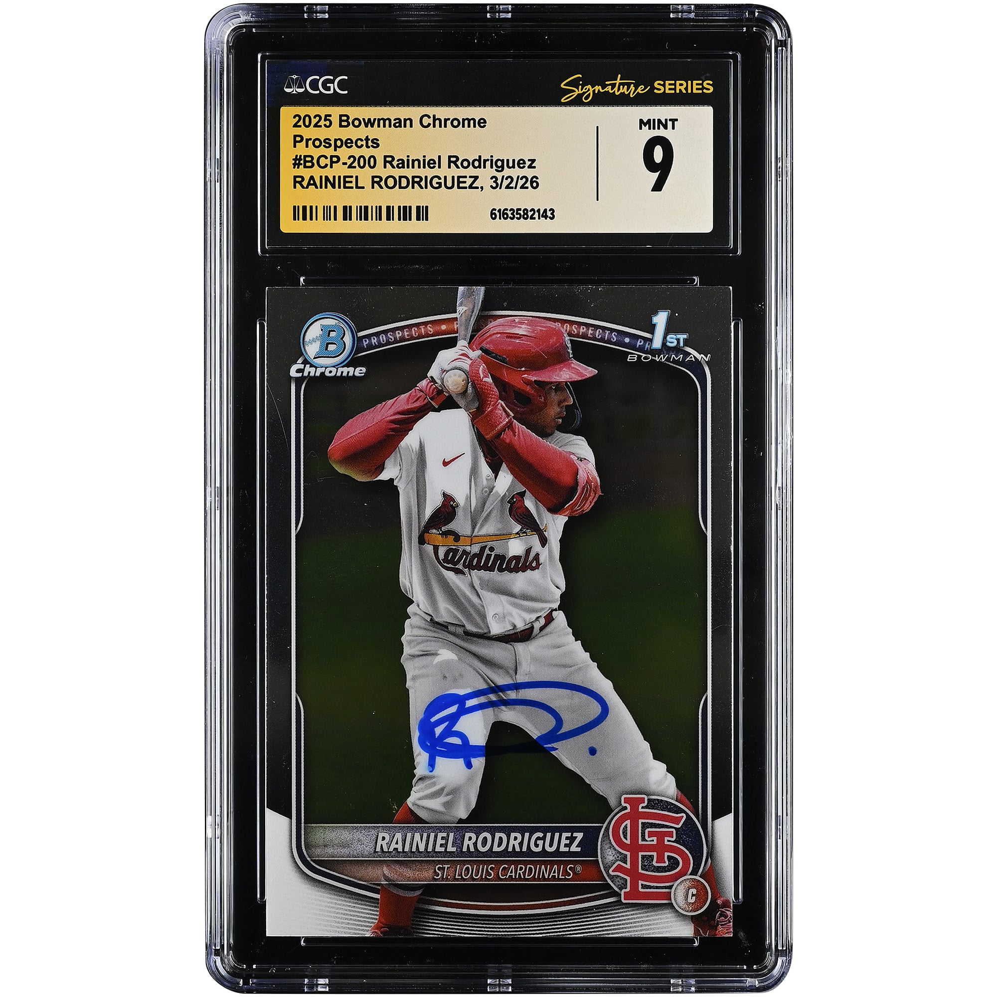 Tarjeta autografiada de Rainiel Rodríguez de los St. Louis Cardinals, 2025 Bowman Chrome Prospects #BCP-200, autenticada por CGC Fanatics Witnessed, en perfecto estado (Mint 9).