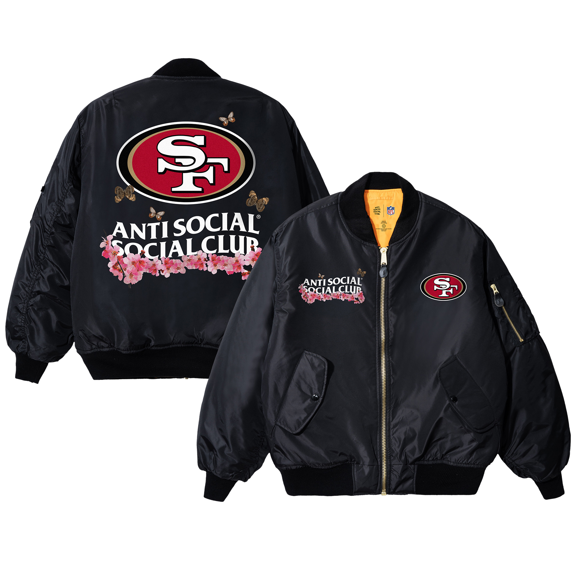 Unisex AntiSocialSocialClub x NFL Black San Francisco 49ers MA-1 Full-Zip Blossom Bomber Jacket