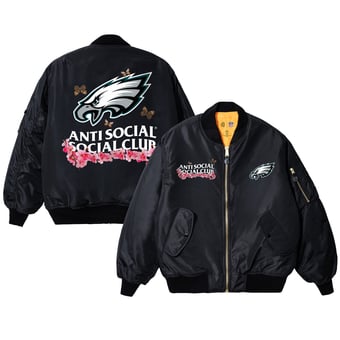 Unisex AntiSocialSocialClub x NFL Black Philadelphia Eagles MA-1 Full-Zip Blossom Bomber Jacket