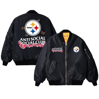 Unisex AntiSocialSocialClub x NFL Black Pittsburgh Steelers MA-1 Full-Zip Blossom Bomber Jacket