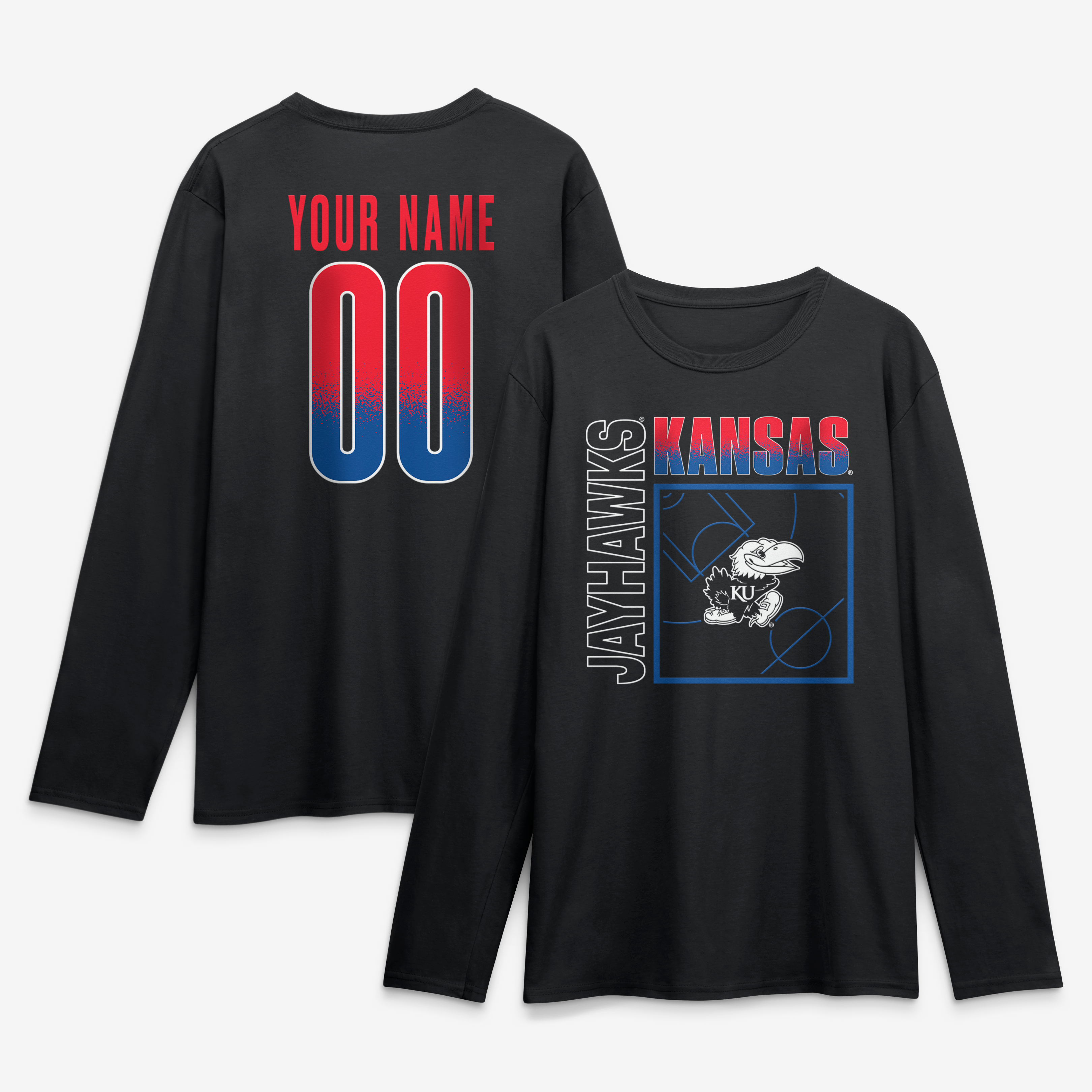 Men's Black Kansas Jayhawks  Home Court Pop Personalized Any Name & Number Long Sleeve T-Shirt