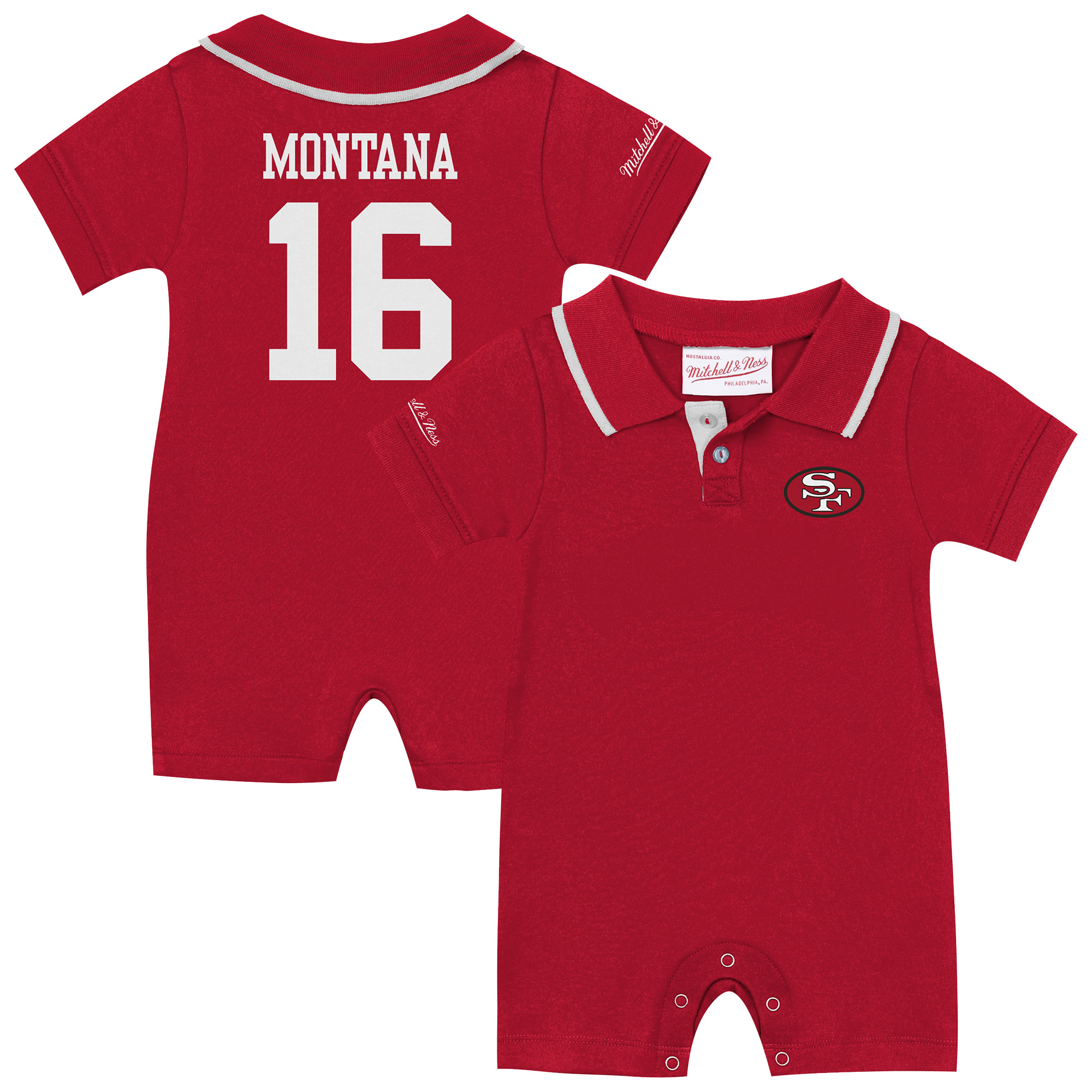 Infant Mitchell & Ness Joe Montana Scarlet San Francisco 49ers Retro Roots Player Rugby Romper