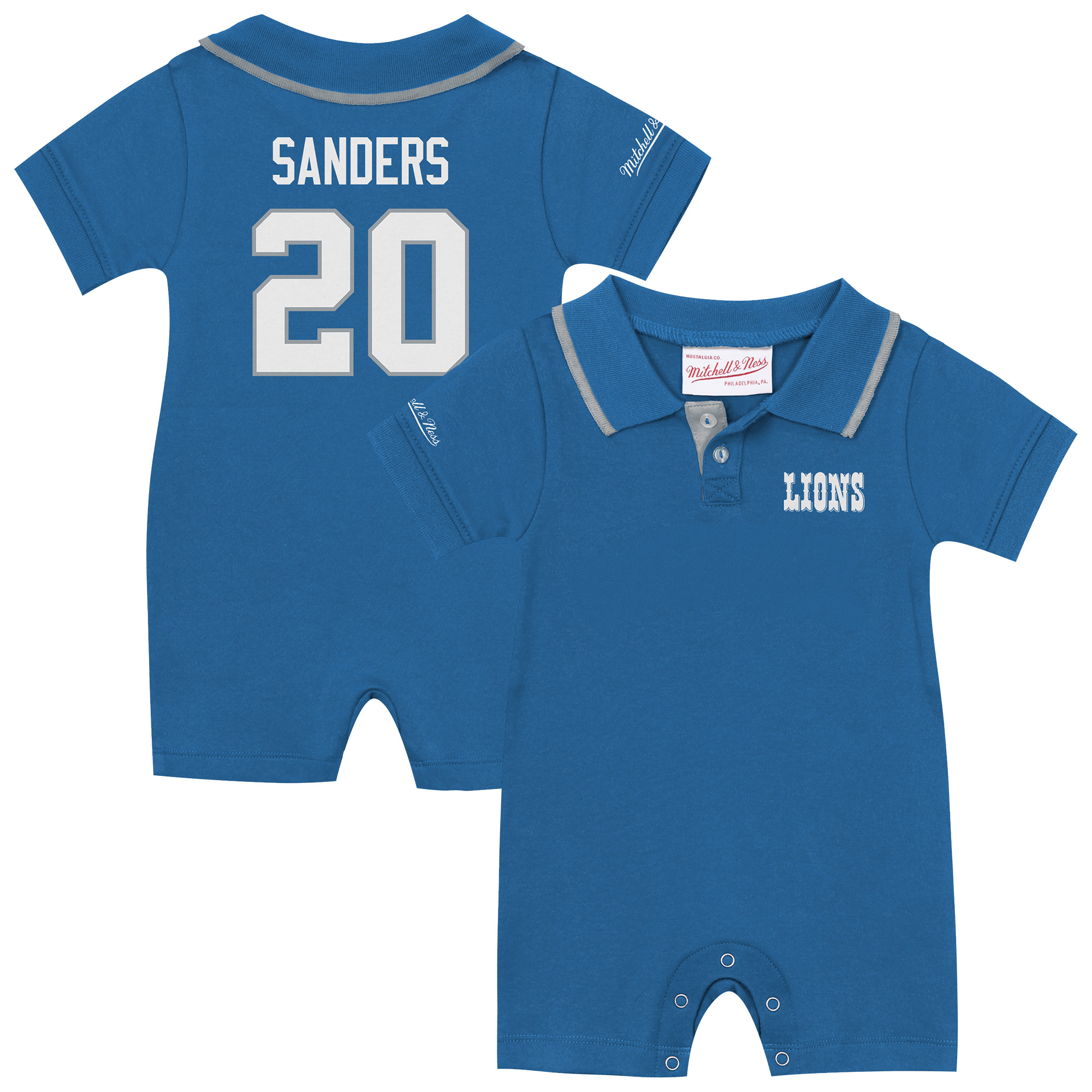 Infant Mitchell & Ness Barry Sanders Blue Detroit Lions Retro Roots Player Rugby Romper