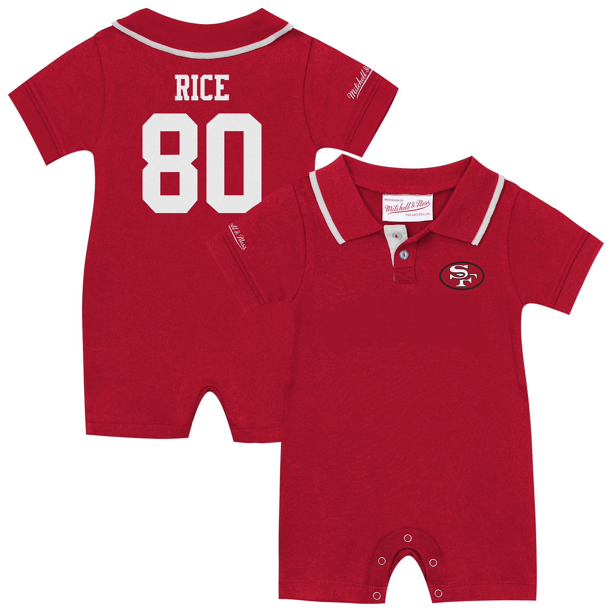 Infant Mitchell & Ness Jerry Rice Scarlet San Francisco 49ers Retro Roots Player Rugby Romper