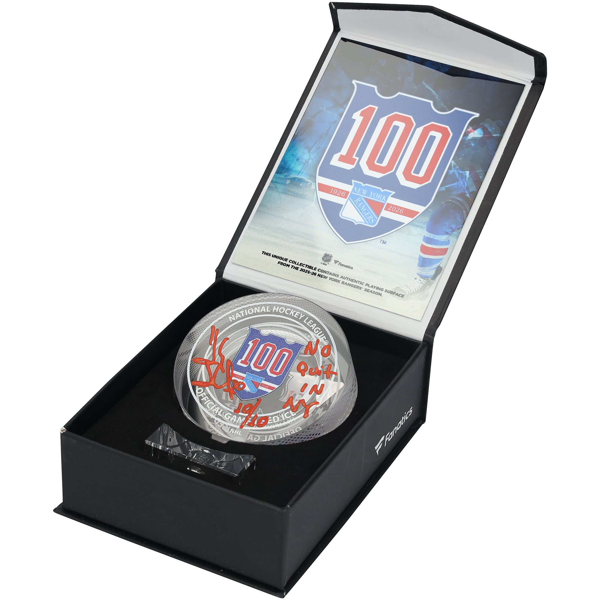 Henrik Lundqvist New York Rangers Autographed 100th Anniversary Crystal Puck with "No Quit in NY" Inscription - Filled with Ice from the 2025-26 Season - Limited Edition #10/10