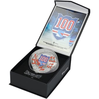 "Henrik Lundqvist New York Rangers Autographed 100th Anniversary Crystal Puck with ""No Quit in NY"" Inscription - Filled with Ice from the 2025-26 Season - Limited Edition #10/10"