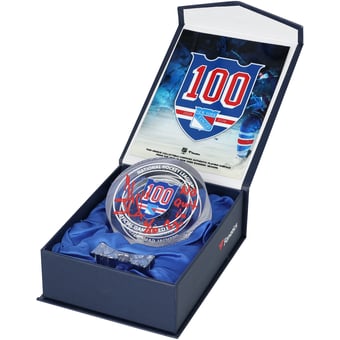 "Henrik Lundqvist New York Rangers Autographed 100th Anniversary Crystal Puck with ""No Quit in NY"" Inscription - Filled with Ice from the 2025-26 Season - Limited Edition of 10"