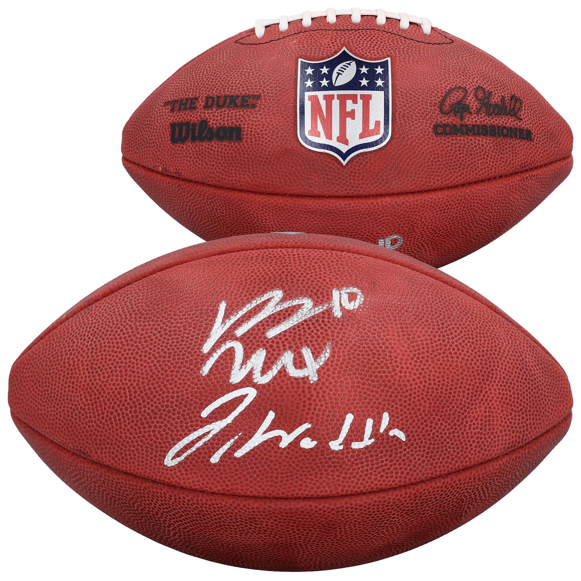 Pallone da football Duke autografato a colori da Jaylen Waddle e Bo Nix dei Denver Broncos.