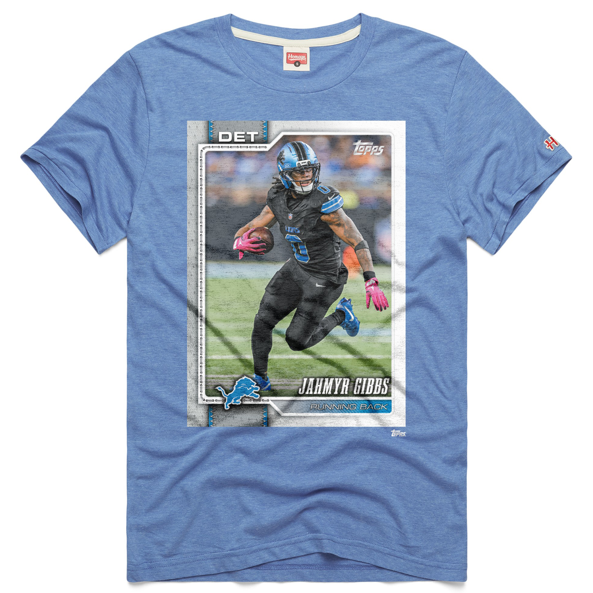 Unisex Homage Jahmyr Gibbs Blue Detroit Lions NFL Topps Trading Card Tri-Blend T-Shirt