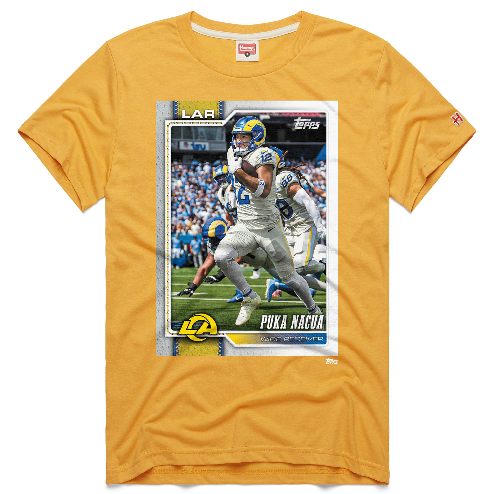 Unisex Homage Puka Nacua Gold Los Angeles Rams NFL Topps Trading Card Tri-Blend T-Shirt. rookie card picture