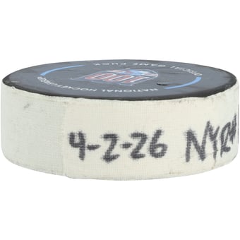 Adam Fox New York Rangers Game-Used Goal Puck from April 2, 2026 vs. Montreal Canadiens