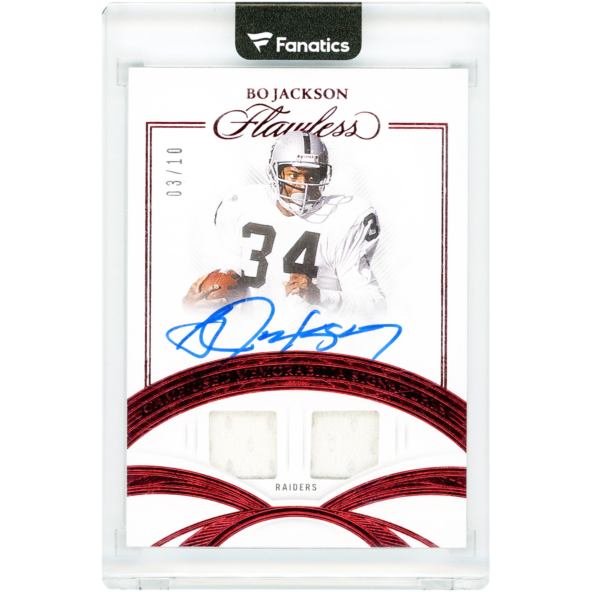 Bo Jackson Los Angeles Raiders Autographed 2025 Panini Flawless Ruby Dual Game Used Jersey Relics #GUMS-BJN #3/10 Card