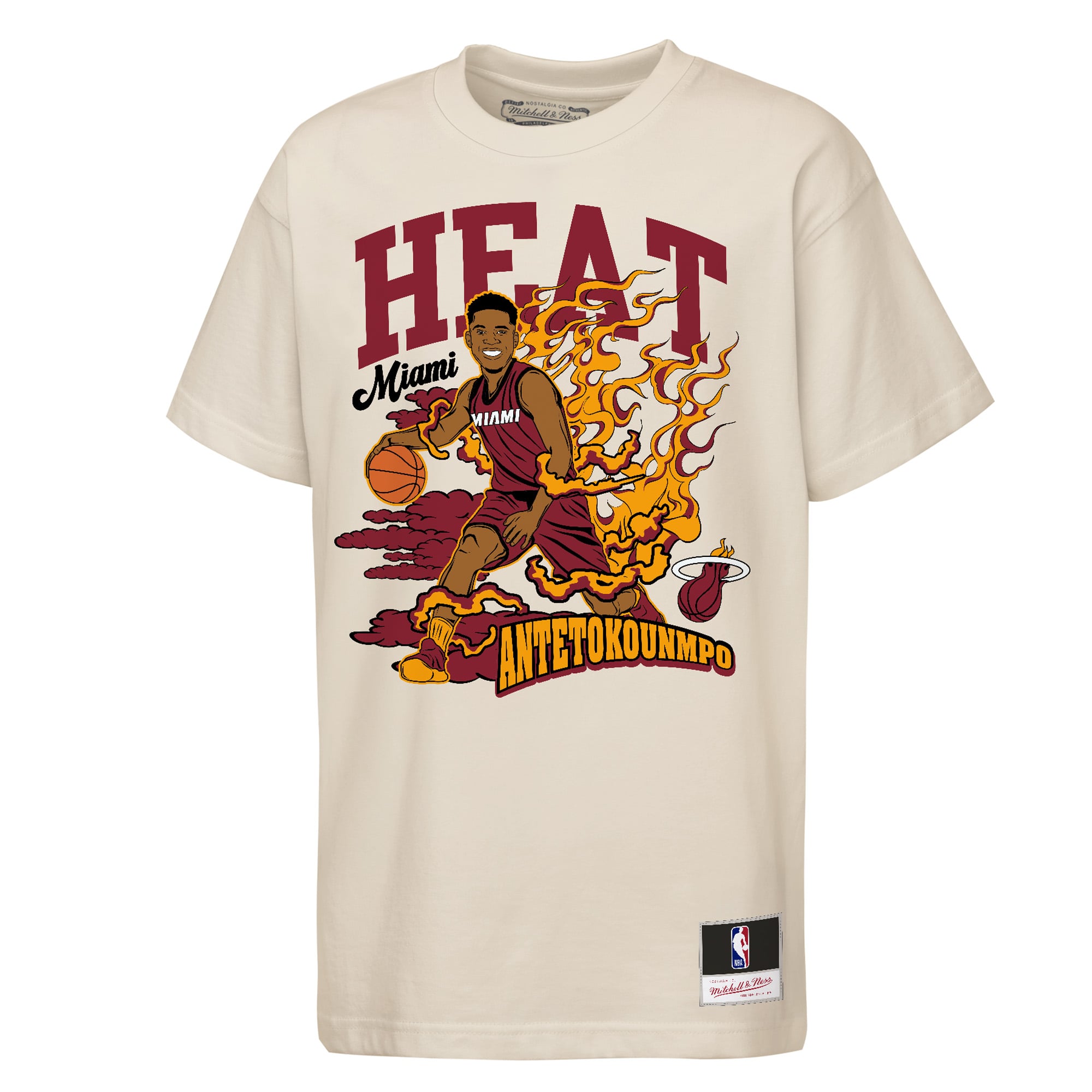 Youth Mitchell & Ness Giannis Antetokounmpo Natural Miami Heat Fired Up T-Shirt