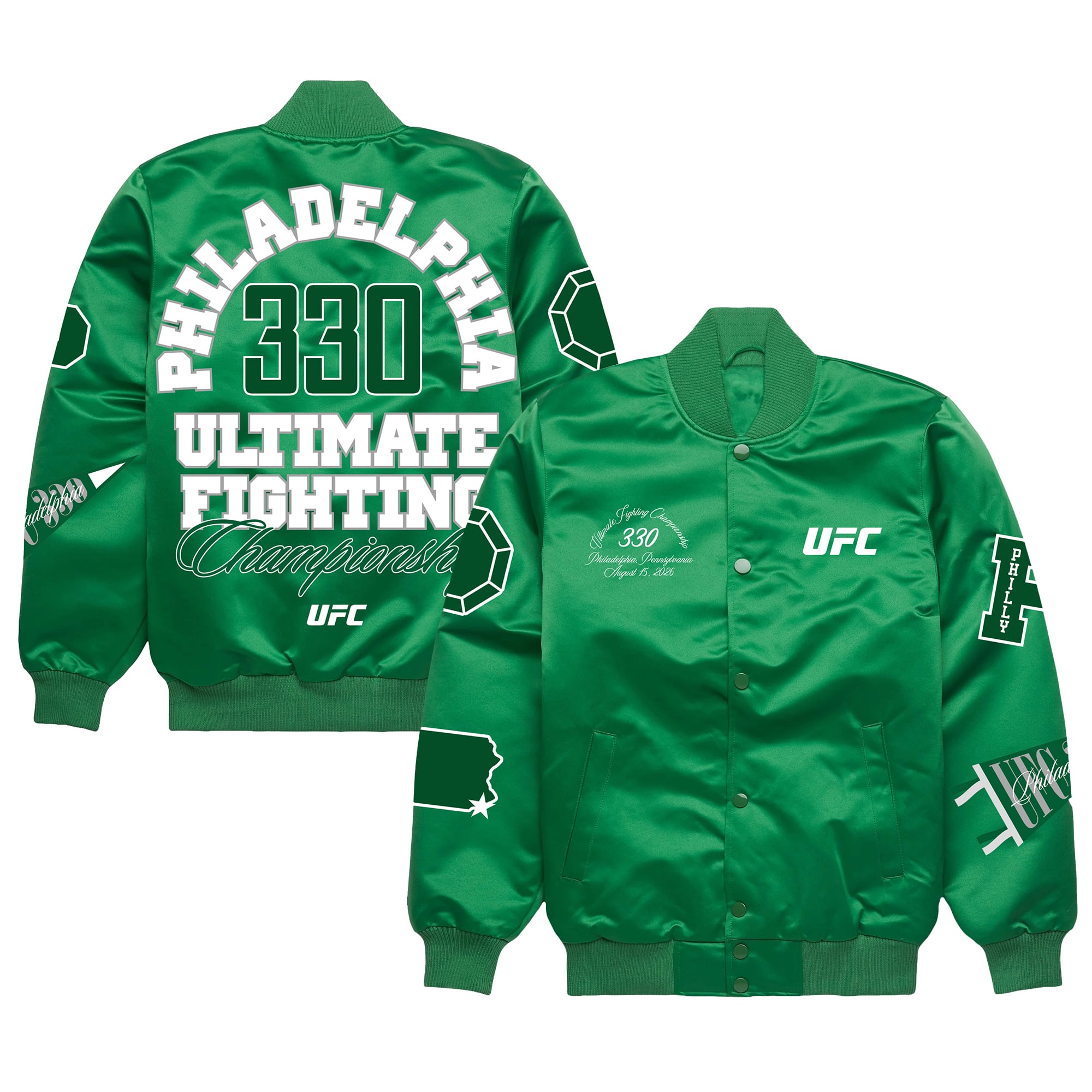 Men's Green UFC 330 Full-Snap Satin Bomber Jacket