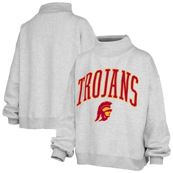 Women's Pressbox  Ash USC Trojans Oversized Slogan Fleece Mock Neck Sweatshirt