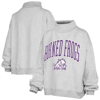 Women's Pressbox  Ash TCU Horned Frogs Oversized Slogan Fleece Mock Neck Sweatshirt