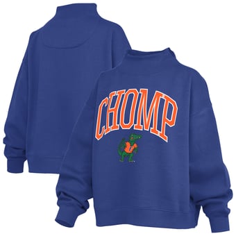 Women's Pressbox  Royal Florida Gators Oversized Slogan Fleece Mock Neck Sweatshirt