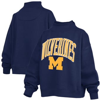 Women's Pressbox  Navy Michigan Wolverines Oversized Slogan Fleece Mock Neck Sweatshirt