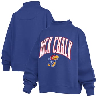 Women's Pressbox  Royal Kansas Jayhawks Oversized Slogan Fleece Mock Neck Sweatshirt