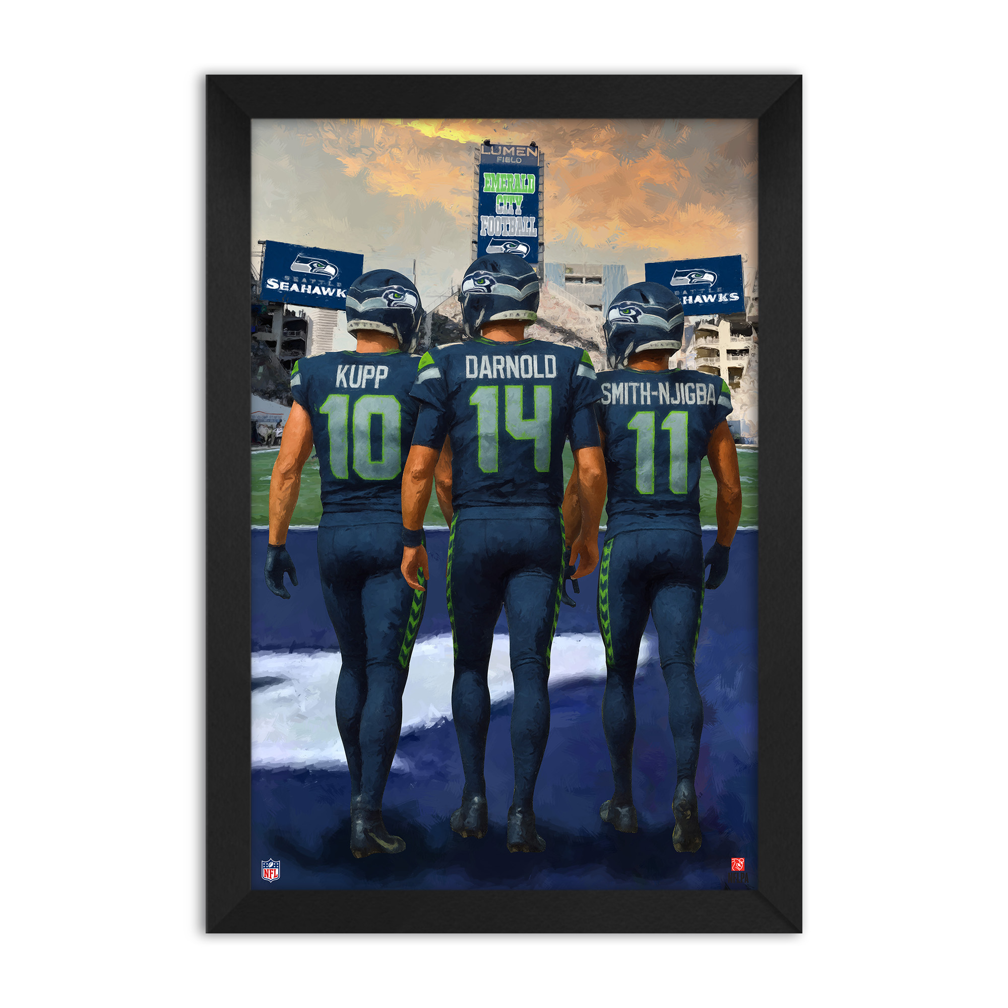 Seattle Seahawks Cooper Kupp, Sam Darnold & Jaxon Smith-Njigba 27" x 39" Three-Player Framed Print