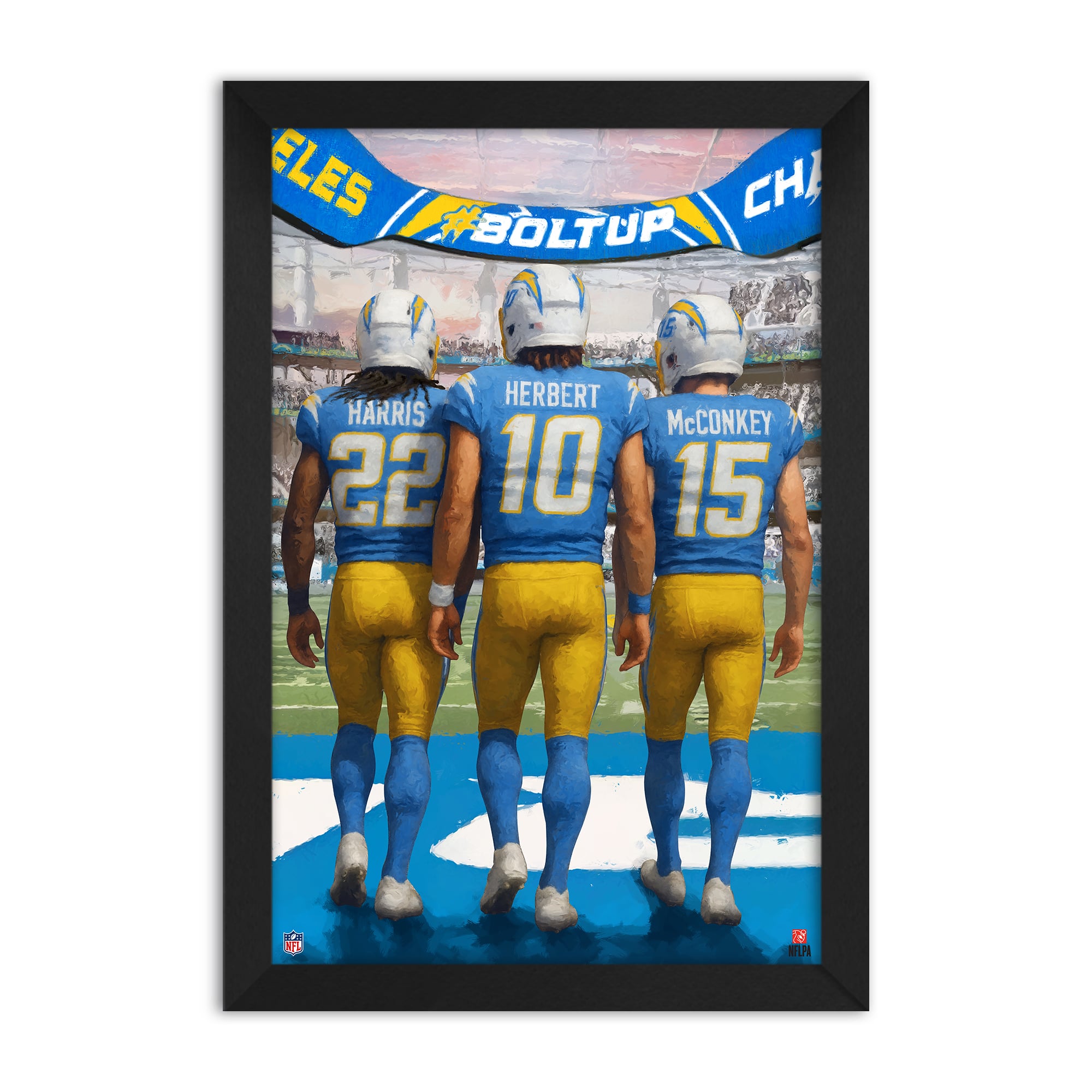 Los Angeles Chargers Najee Harris, Justin Herbert & Ladd McConkey 14" x 20" Three-Player Framed Print
