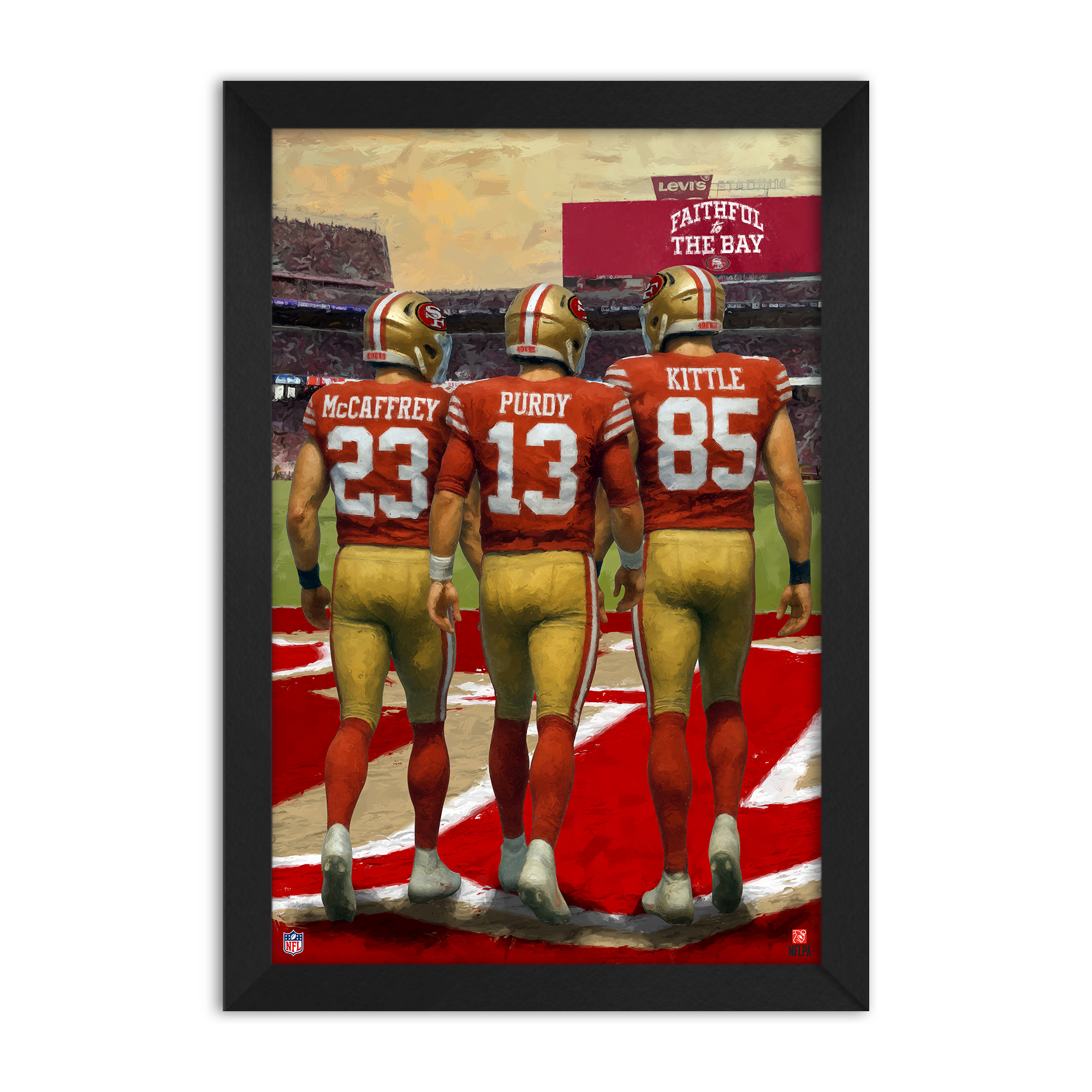 San Francisco 49ers Christian McCaffrey, Brock Purdy & George Kittle 14" x 20" Three-Player Framed Print
