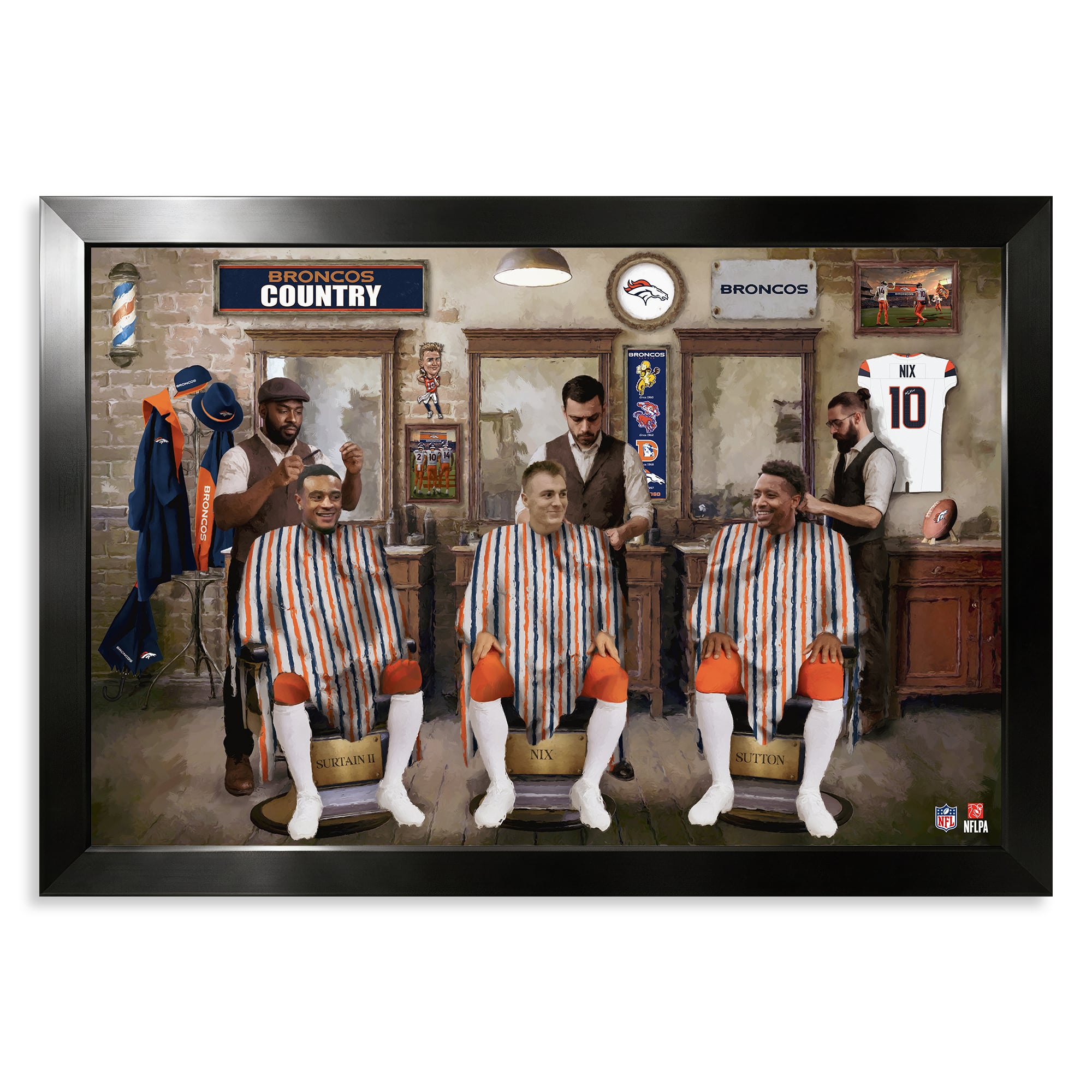Denver Broncos Pat Surtain II, Bo Nix & Courtland Sutton 27" x 39" Barbershop Framed Print