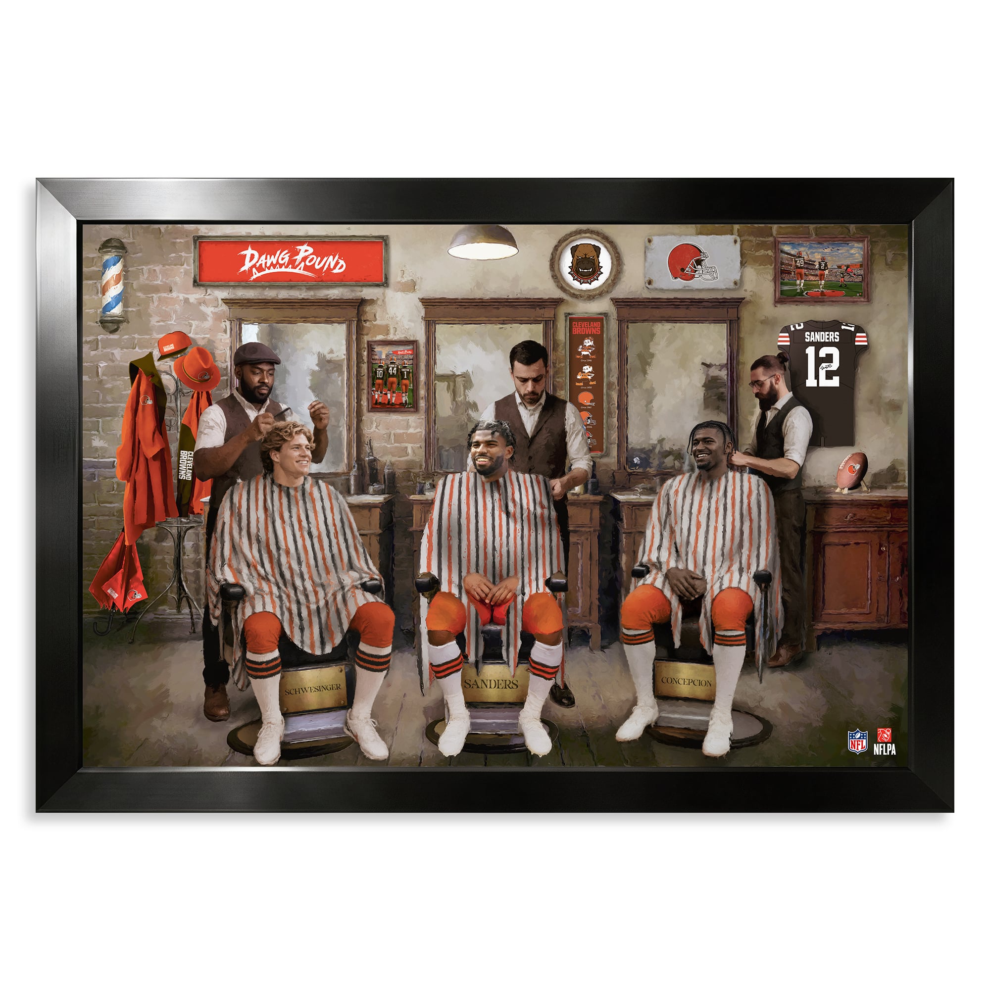 Cleveland Browns Carson Schwesinger, Shedeur Sanders & KC Concepcion 14" x 20" Barbershop Framed Print