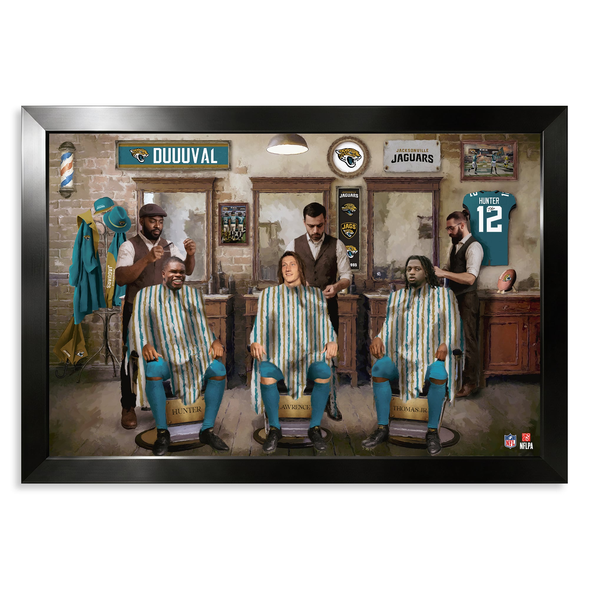 Jacksonville Jaguars Travis Hunter, Trevor Lawrence & Brian Thomas Jr. 14" x 20" Barbershop Framed Print