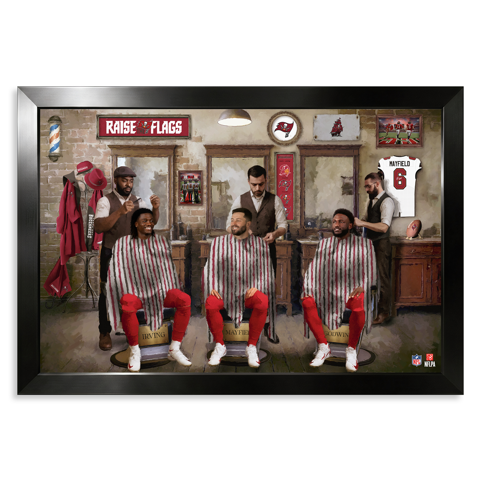 Tampa Bay Buccaneers Bucky Irving, Baker Mayfield & Chris Godwin Jr. 14" x 20" Barbershop Framed Print