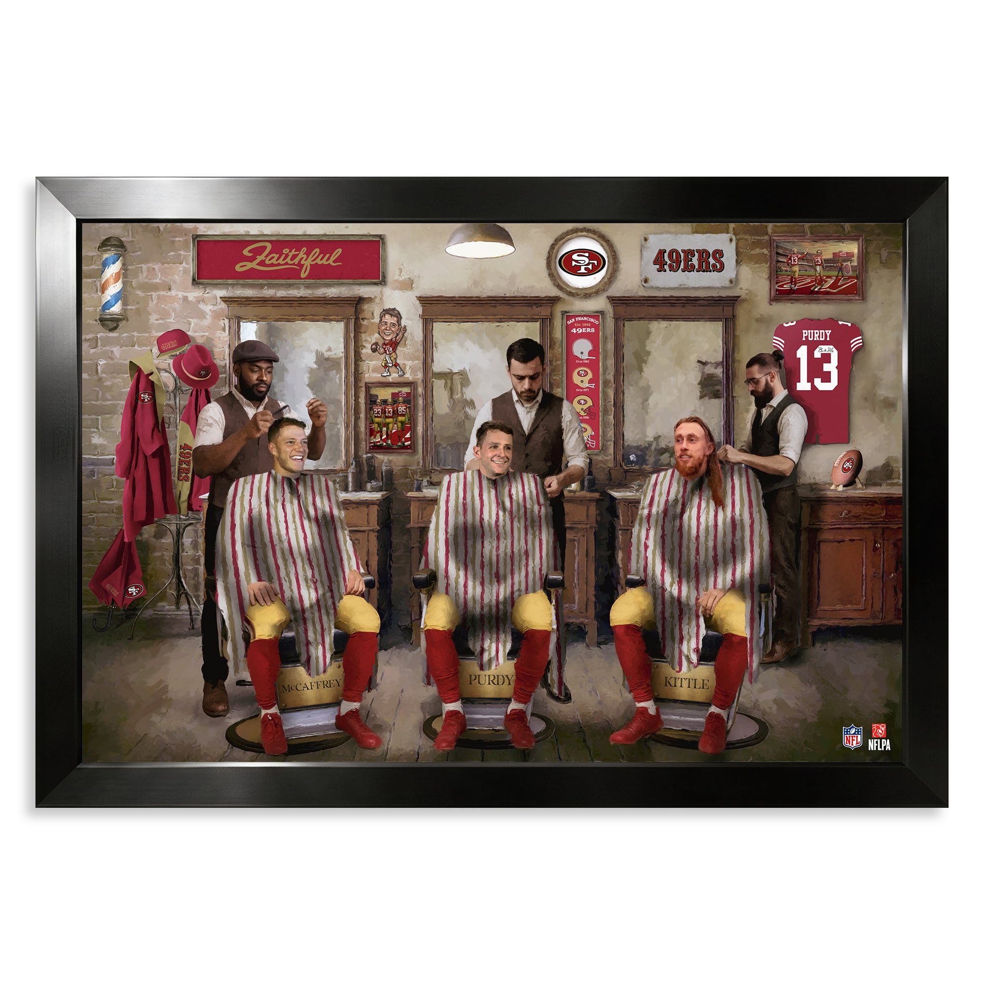 San Francisco 49ers Christian McCaffrey, Brock Purdy & George Kittle 14" x 20" Barbershop Framed Print