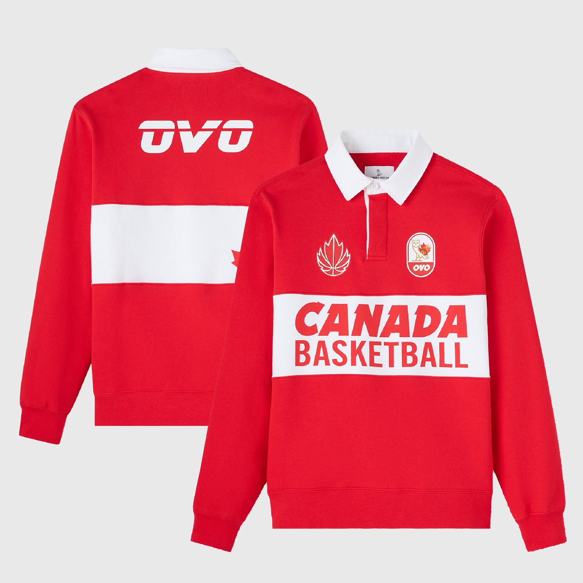 Men's OVO Red Canada Basketball Rugby Long Sleeve T-Shirt