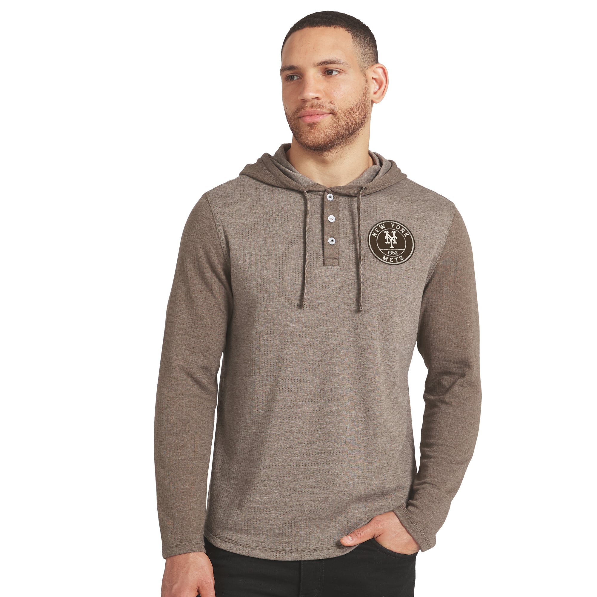 Men's Darius Rucker Collection by Fanatics Tan/Brown New York Mets Knit Hooded Henley Long Sleeve T-Shirt