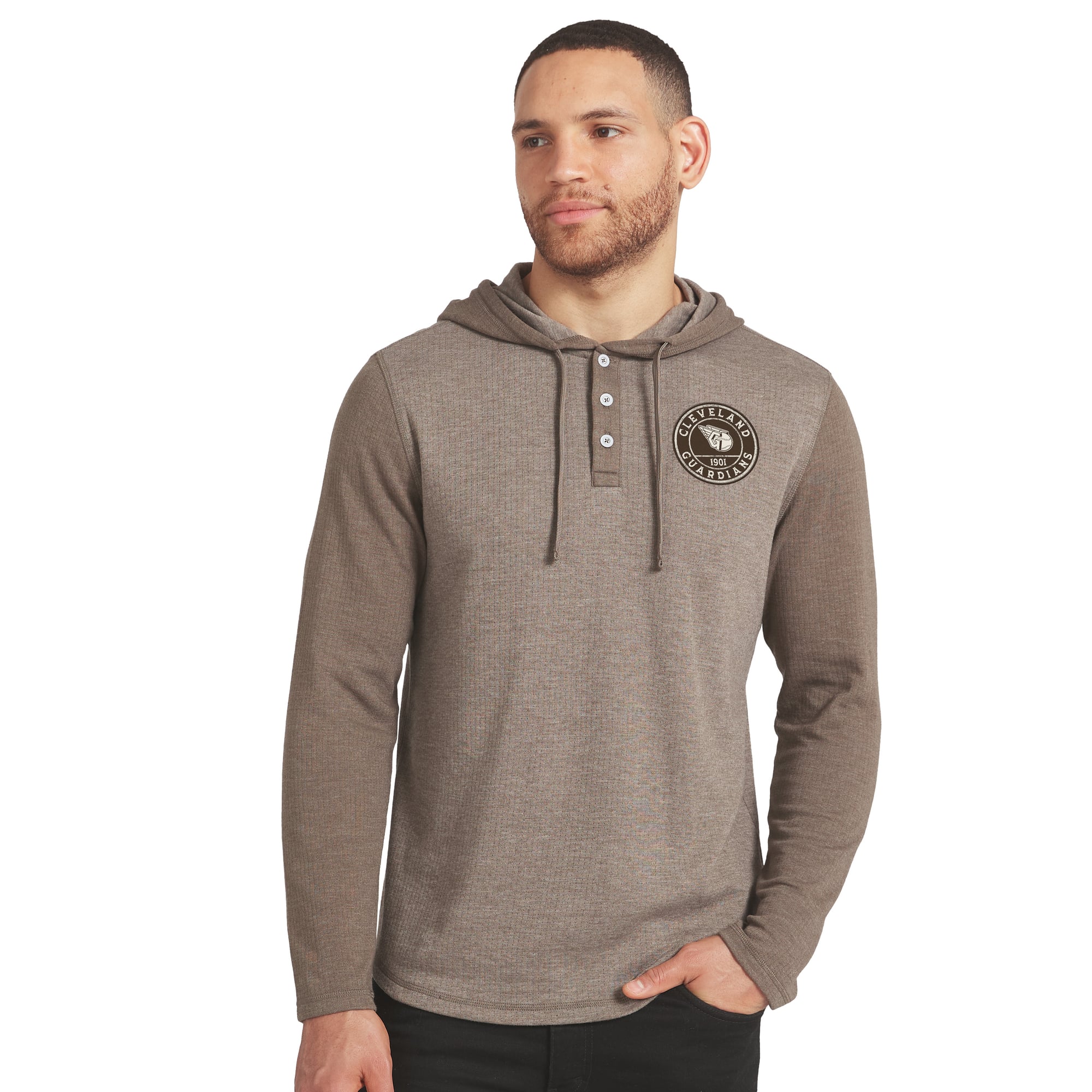 Men's Darius Rucker Collection by Fanatics Tan/Brown Cleveland Guardians Knit Hooded Henley Long Sleeve T-Shirt