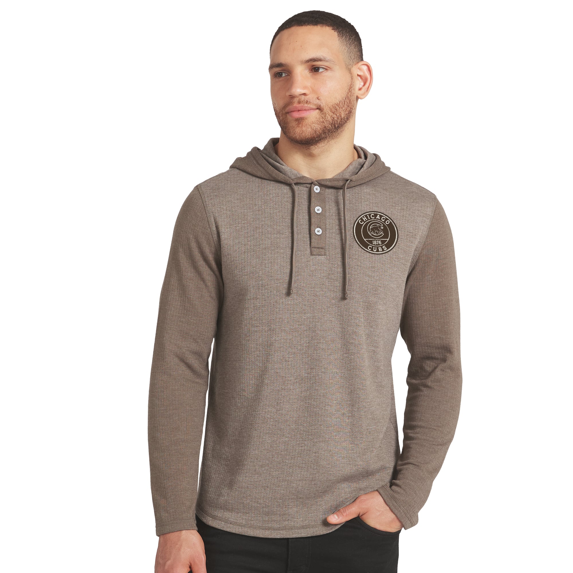 Men's Darius Rucker Collection by Fanatics Tan/Brown Chicago Cubs Knit Hooded Henley Long Sleeve T-Shirt