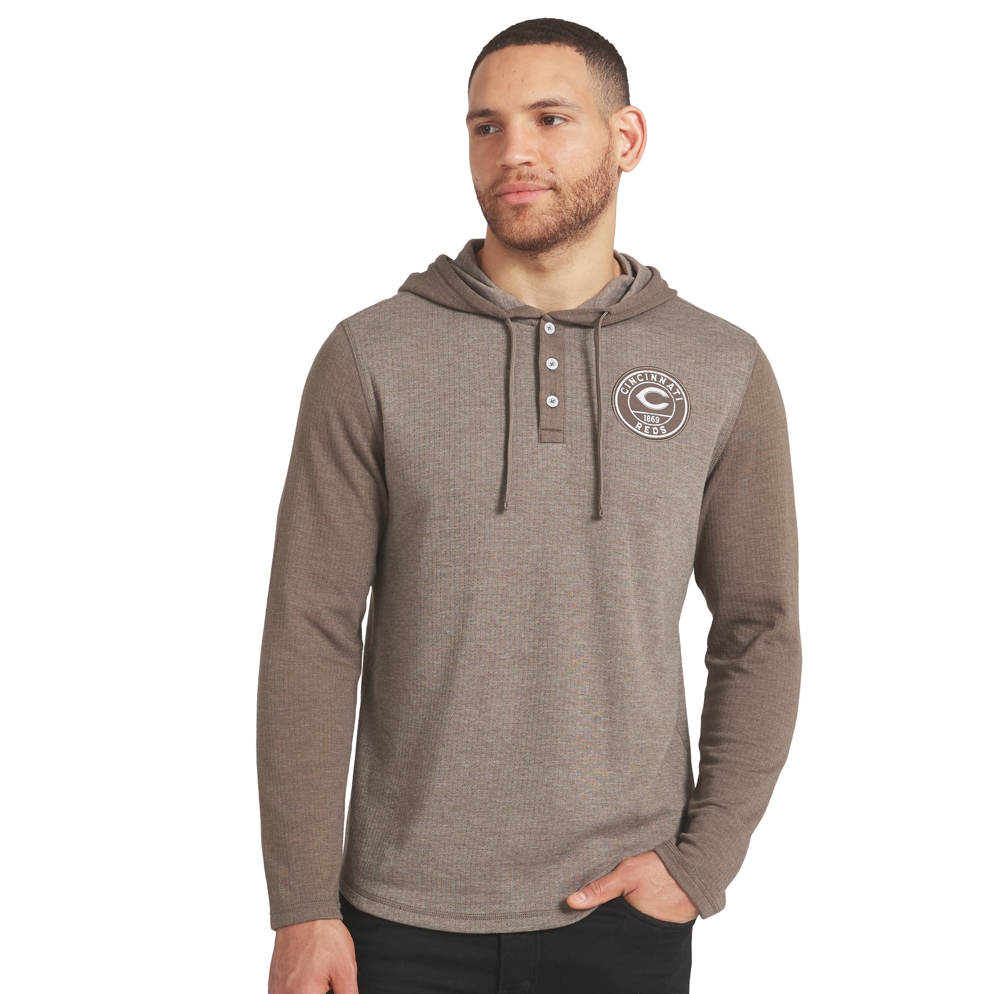 Men's Darius Rucker Collection by Fanatics Tan/Brown Cincinnati Reds Knit Hooded Henley Long Sleeve T-Shirt