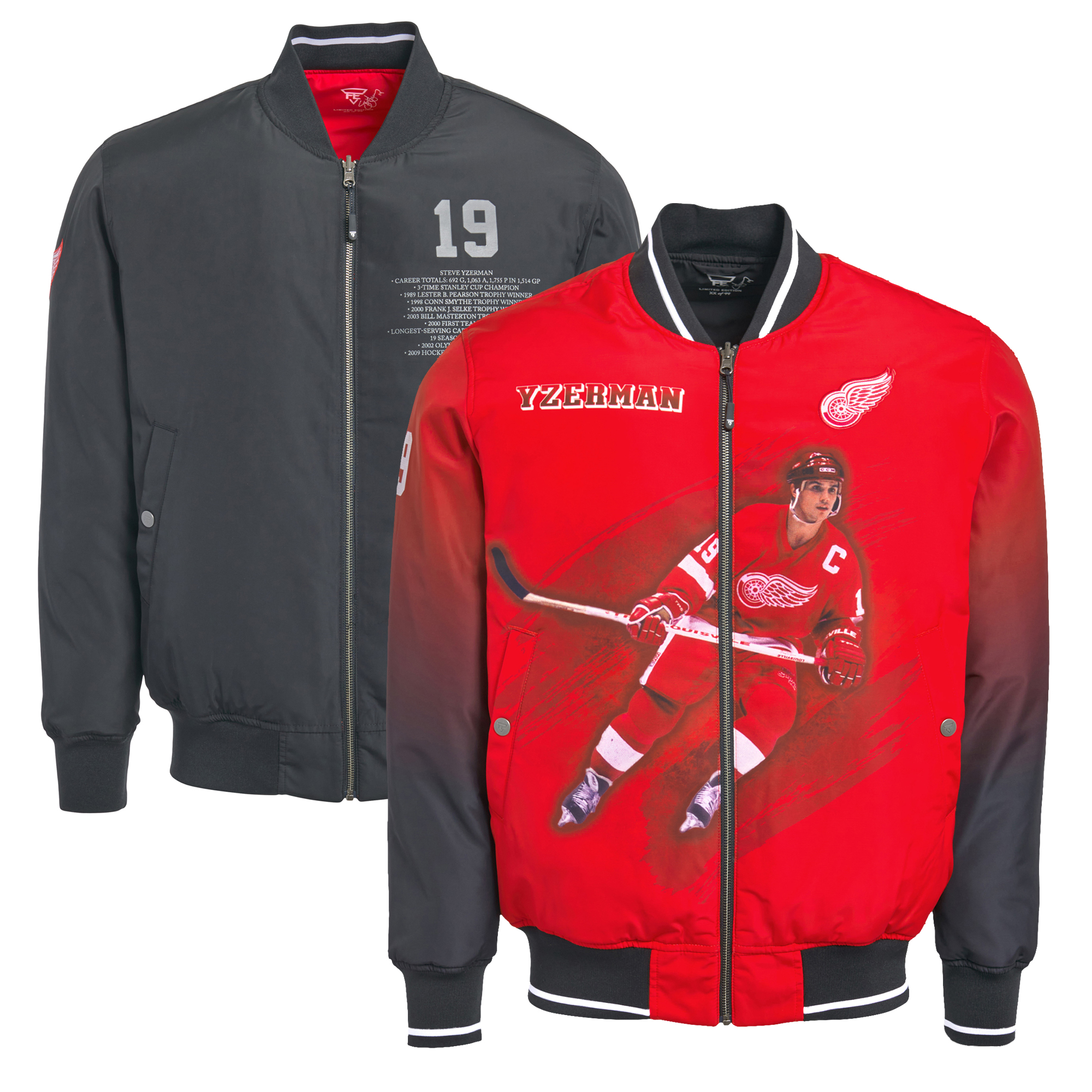 Men’s FE Steve Yzerman Red/Black Detroit Red Wings Reversible Full-Zip Bomber Jacket Men’s FE Steve Yzerman Red/Black Detroit Red Wings Reversible Full-Zip Bomber Jacket