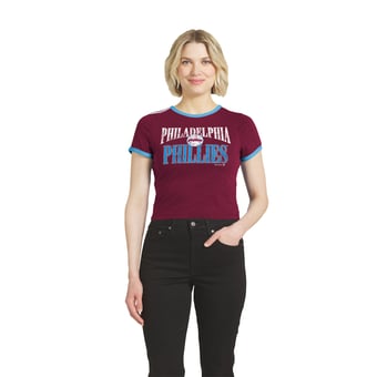 Women's WEAR by Erin Andrews  Maroon Philadelphia Phillies Cropped Throwback Ringer Baby T-Shirt