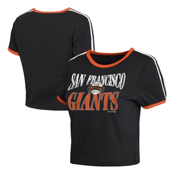 Women's WEAR by Erin Andrews  Black San Francisco Giants Cropped Throwback Ringer Baby T-Shirt