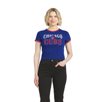Women's WEAR by Erin Andrews  Royal Chicago Cubs Cropped Throwback Ringer Baby T-Shirt