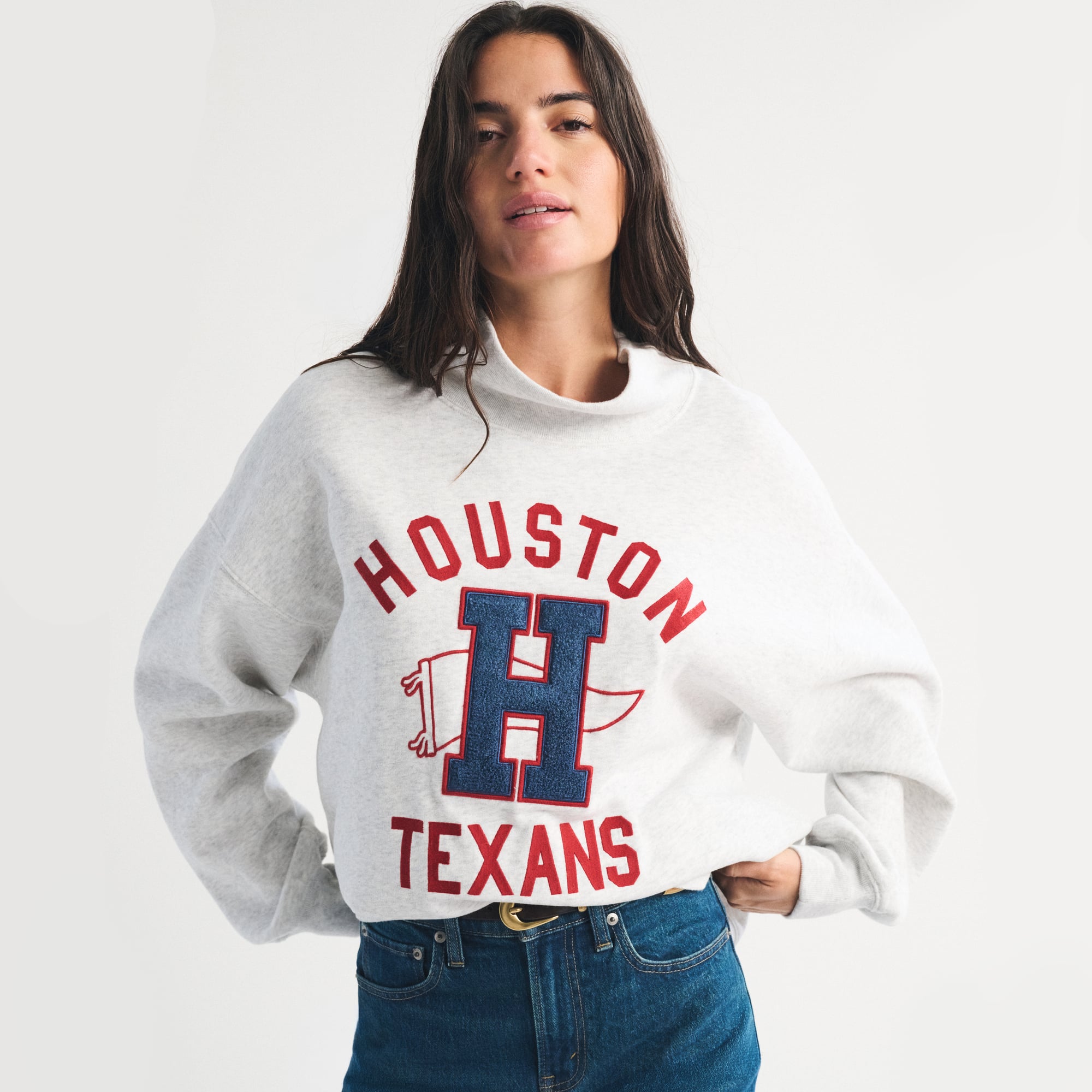 Damen-Sweatshirt von Abercrombie & Fitch, meliertes Grau, Houston Texans, Sonntag, Oversized-Stil mit Stehkragen