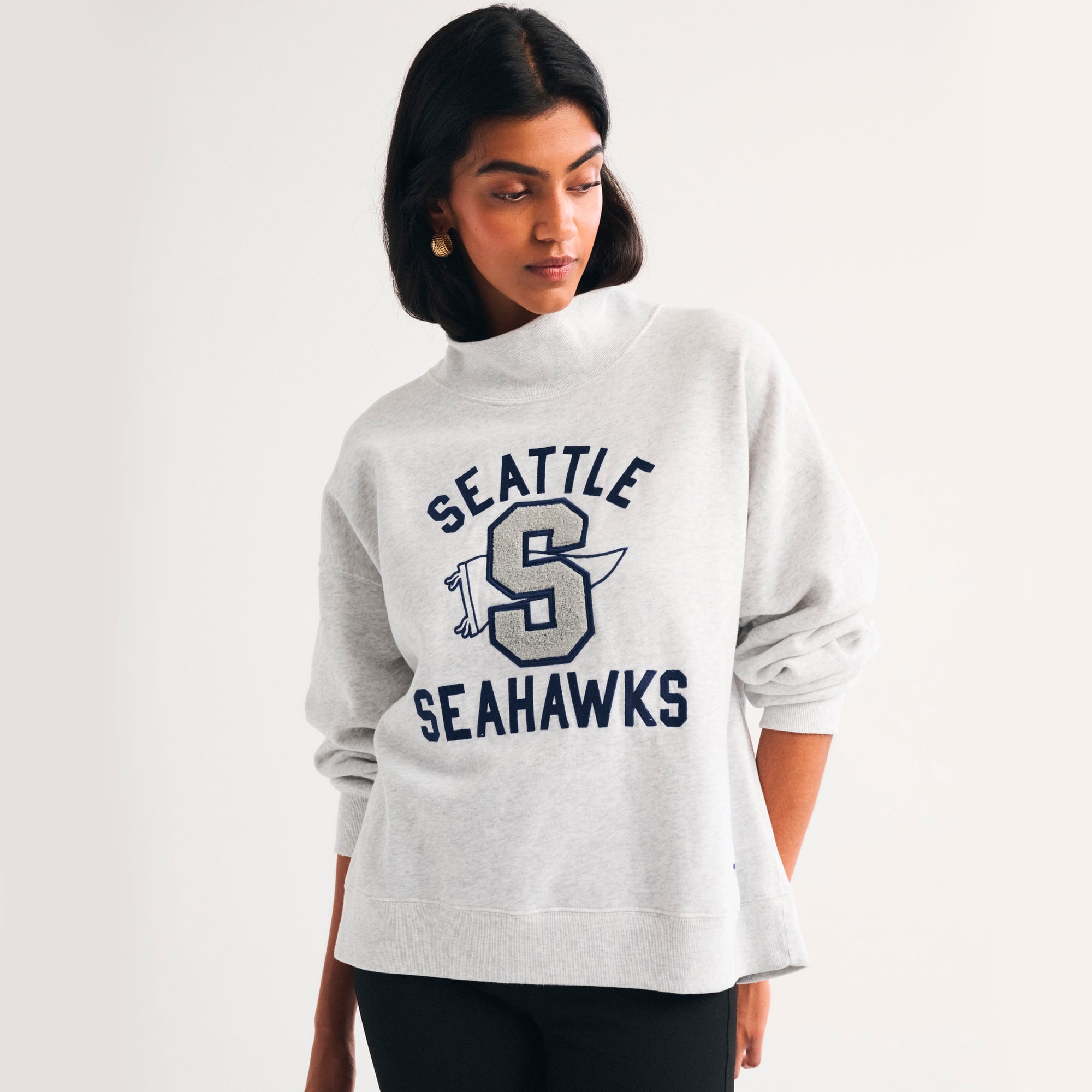 Damen-Sweatshirt von Abercrombie & Fitch, meliertes Grau, Seattle Seahawks, Sonntag, Oversized-Stil mit Stehkragen