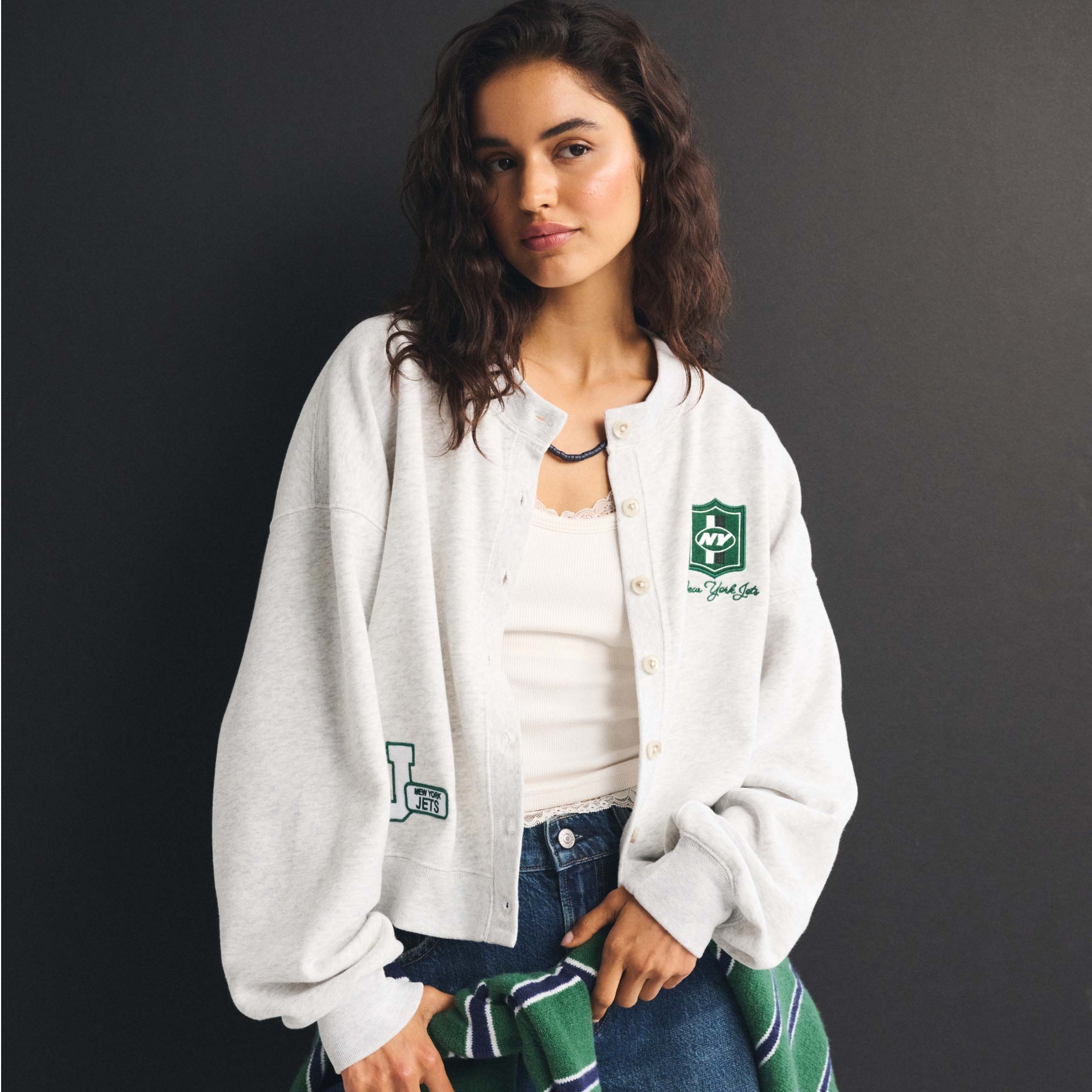 Women's Abercrombie & Fitch Heather Gray New York Jets Full-Button Cardigan