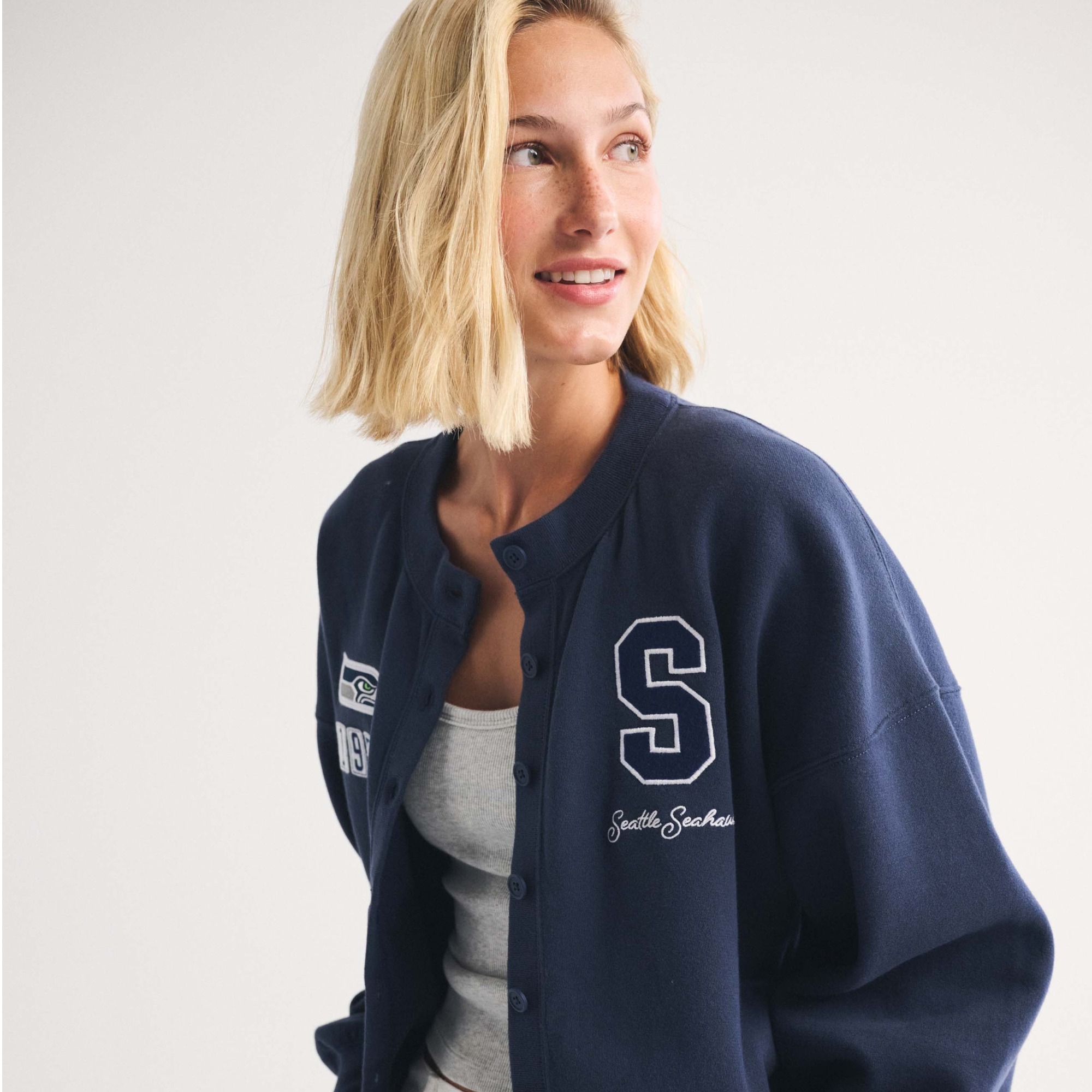Women's Abercrombie & Fitch College Navy Seattle Seahawks Full-Button Cardigan