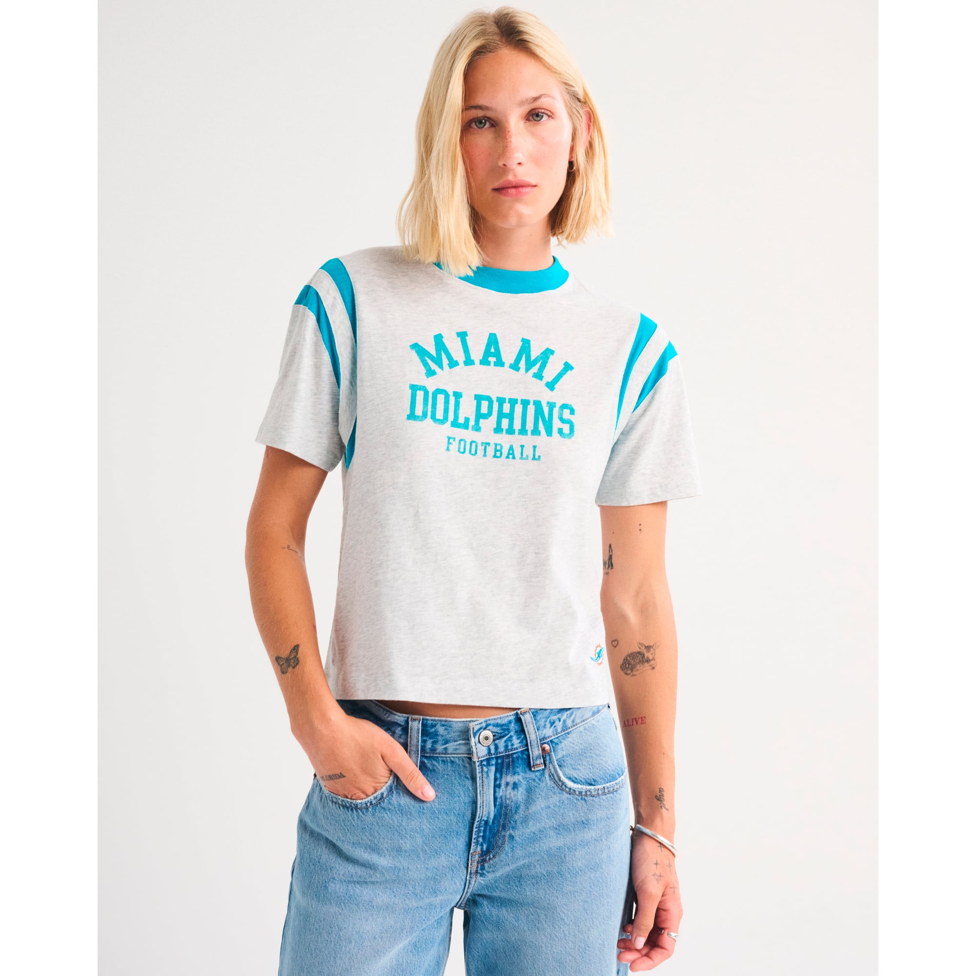 Damen-T-Shirt von Abercrombie & Fitch, meliertes Grau, Miami Dolphins, College-Stil