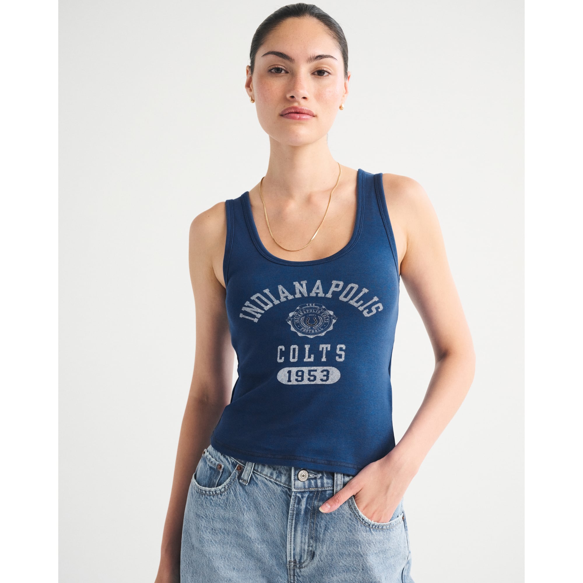Abercrombie & Fitch Damen-Tanktop in Blau mit Indianapolis Colts-Logo, ohne BH und Rundhalsausschnitt